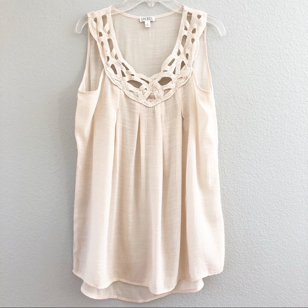 Spense Cream Sleeveless Blouse w Crochet Detail S
